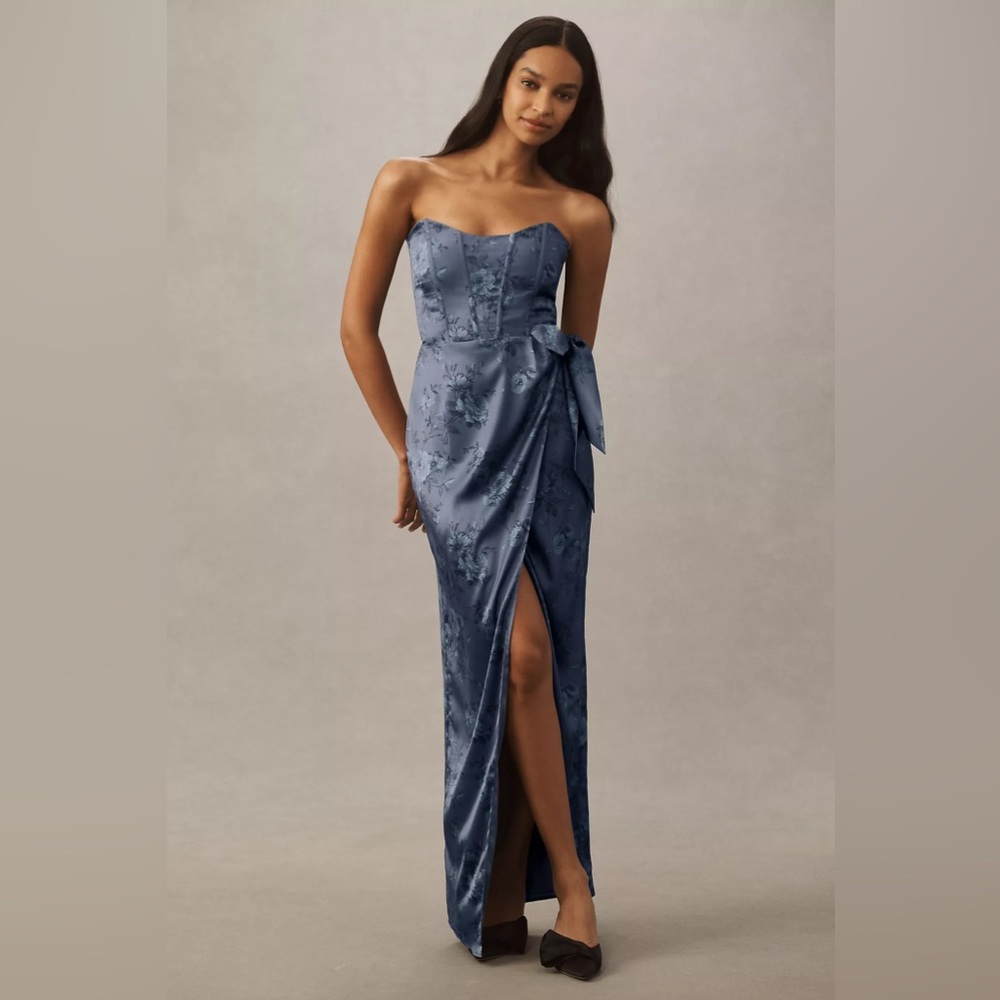 V. Chapman June Printed Corset Front-Slit Satin Gown